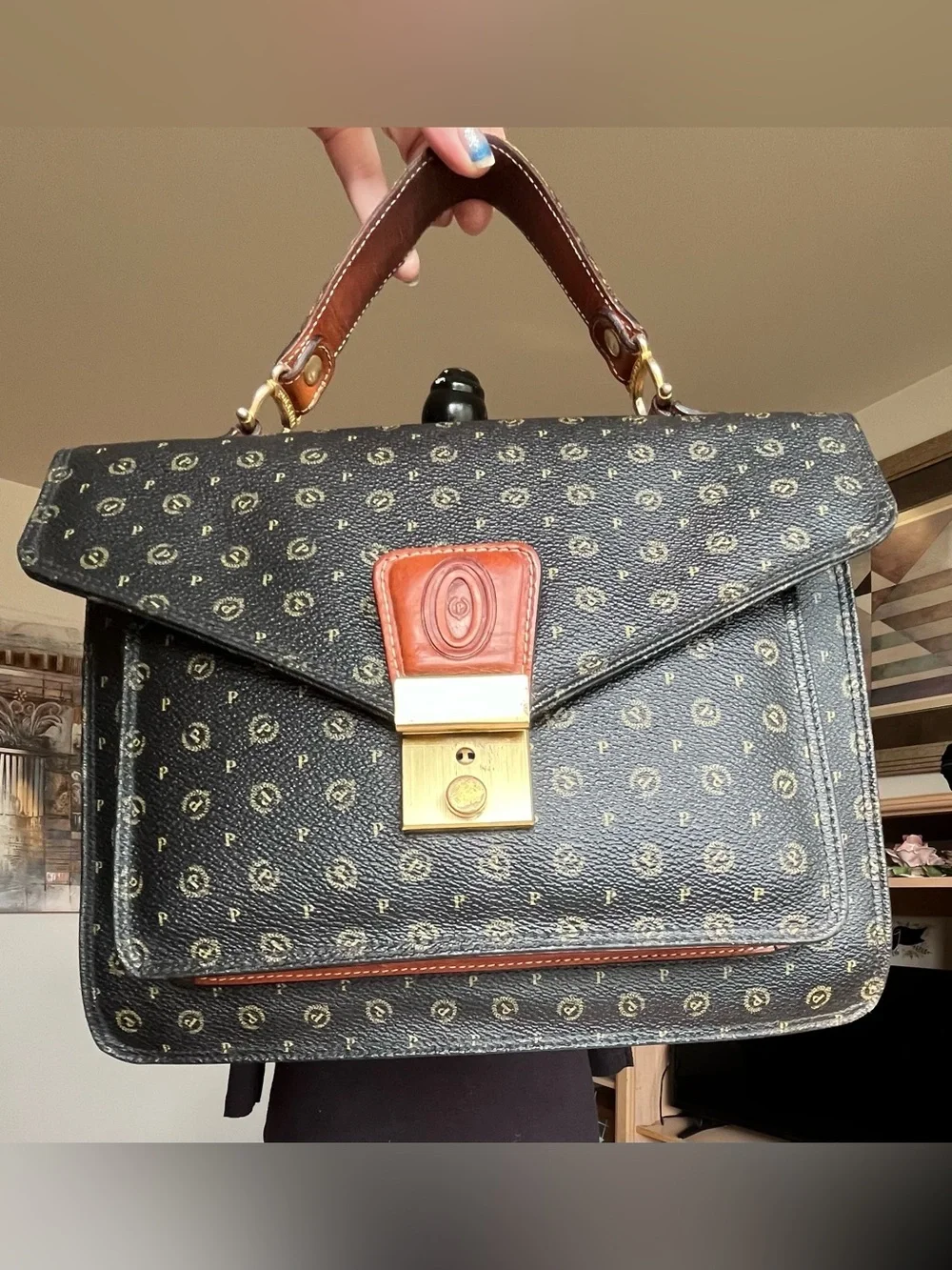 Pollini vintage black monogram leather satchel